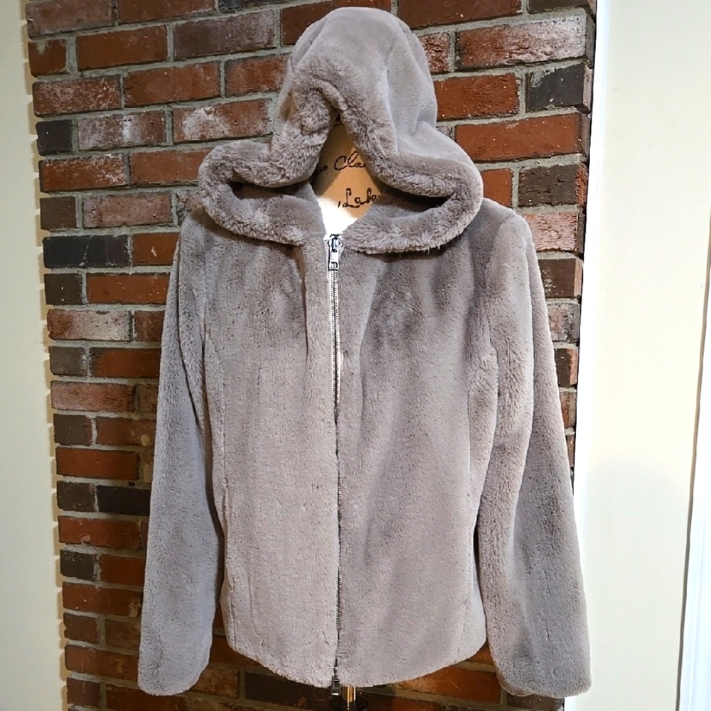 Banana Republic Gray Teddy Jacket with Plush Faux Fur and Large Hood